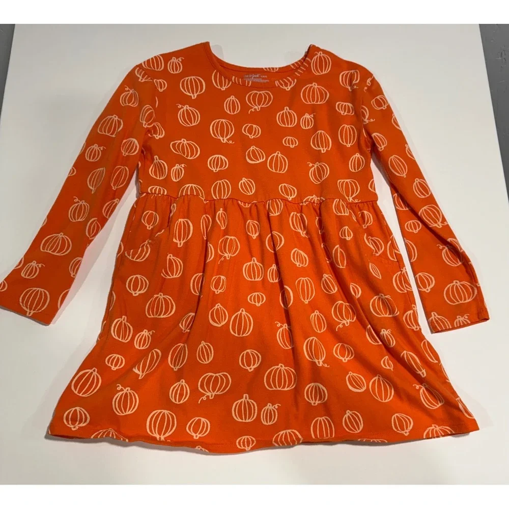 Cat & Jack Girls Orange Pumpkin Print Long Sleeve Knit Dress Size S 6/7 Fall